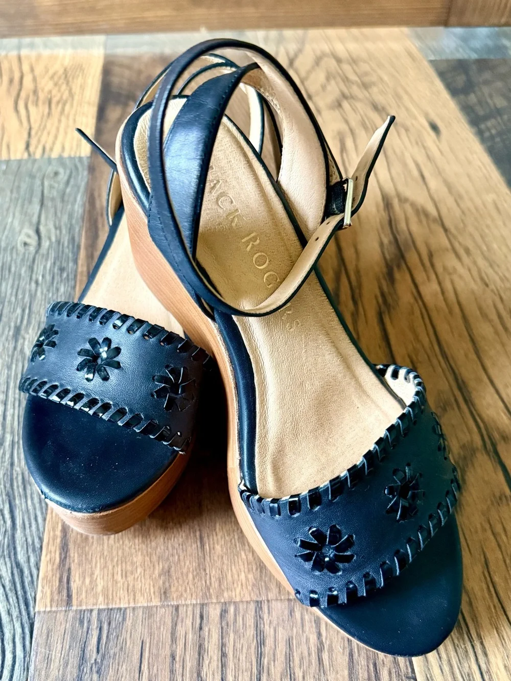 Jack Rogers Black Leather Floral Cutout Wedge Sandals